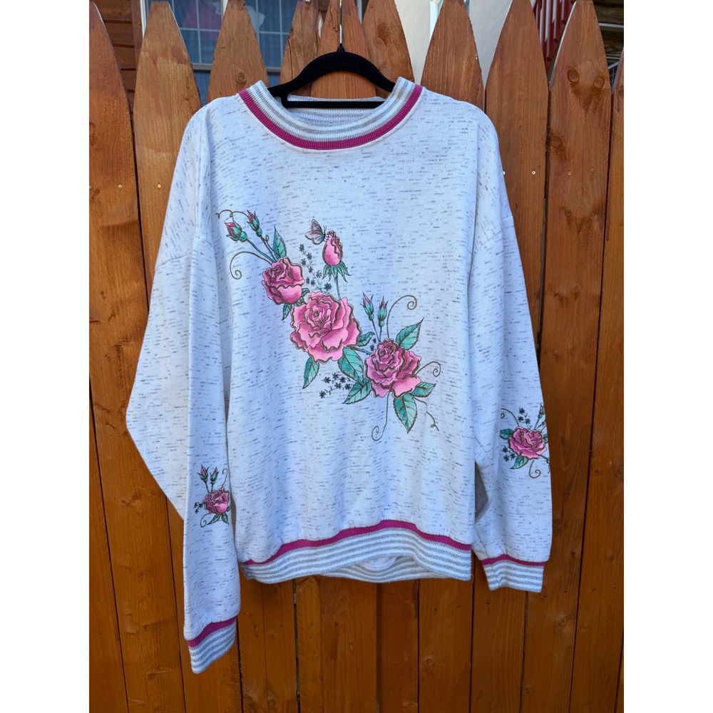 Vintage 90s Action Rose Floral Sweatshirt Gray Pink Striped Trim Made in USA L